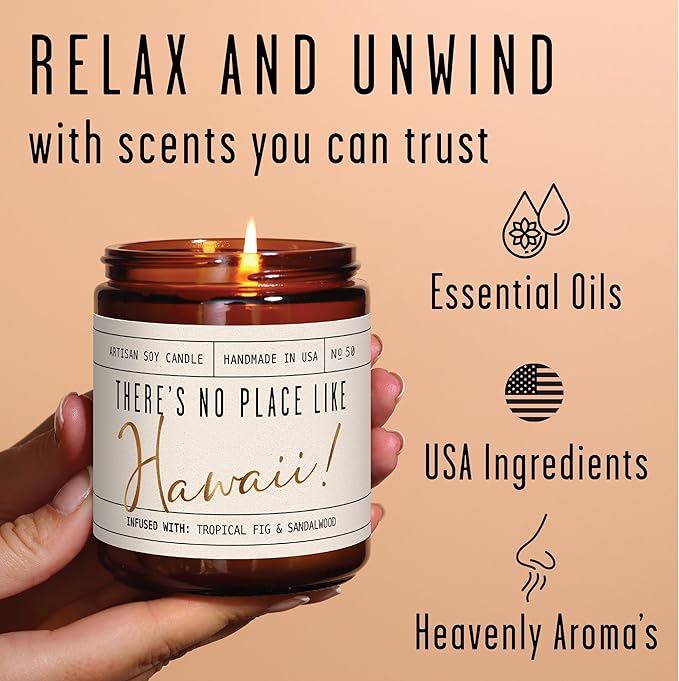 Hawaii Gifts, Hawaii Decor for Home - 'There's No Place Like HawaiiCandle, w/Tropical Fig & Native Sandalwood I Hawaii Souvenirs I Hawaii State Gifts I 9oz Jar, 50Hr Burn, USA Made