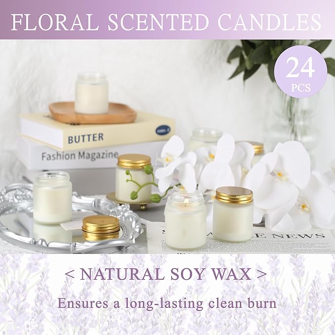 24 Pcs 4 Oz Mason Jar Candles, Lavender Scented Soy Candles Bulk Set for Stress Relief and Relaxation, Great Favors for Wedding, Christmas, Housewarming Gifts (Gold,Frosted Glass-Lavender, 24)