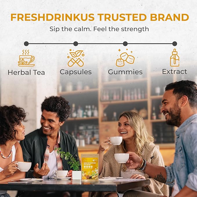 FreshDrinkUS, Premium 30 Tea Bags Immune Support Herbal Tea, Ginger, Cinnamon, Chamomile, Licorice Root, Black Pepper and Orange Peel – 100% Natural, Caffeine-Free, Vegan