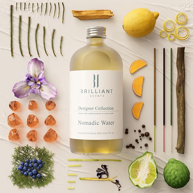 Brilliant Scents Nomadic Water Fragrance Oil 200ml - Premium Diffuser Oil for Home, Office, Hotels - Long Lasting, Plant-Based, Meets IFRA Standards, USA-Made - Lemon, Incense, Sandalwood