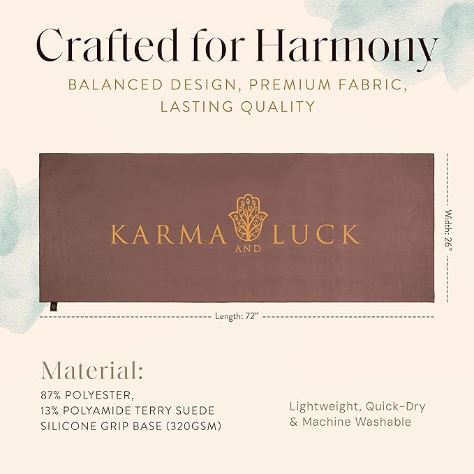 KARMA AND LUCK Sacred Harmony Yoga Towel, Absorbent, Non-Slip Hot Yoga Mat Towel, Silicone Grip & Soft Terry Suede for Mindful Movement & Spiritual Alignment, 26” x 72”