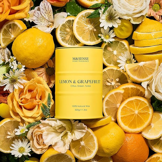 M&SENSE Lemon Candle,Summer Grapefruit Scented, Lemon Soy Candles 11.3oz 70 Hour Slow Burning, Limoncello Highly Scented Citrus Candles for Bathroom, Fresh Smelling Candle