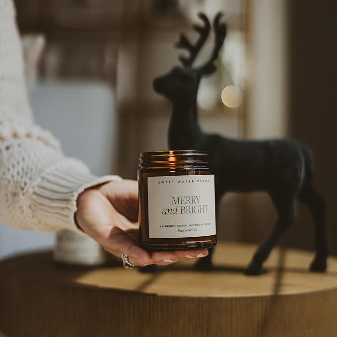 Sweet Water Decor Merry and Bright Candle - Bayberry, Fir, Nutmeg, and Clove Winter Non Toxic Christmas Scented Soy Candles for Home - 9oz Amber Jar, 40 Hour Burn Time, Made in The USA