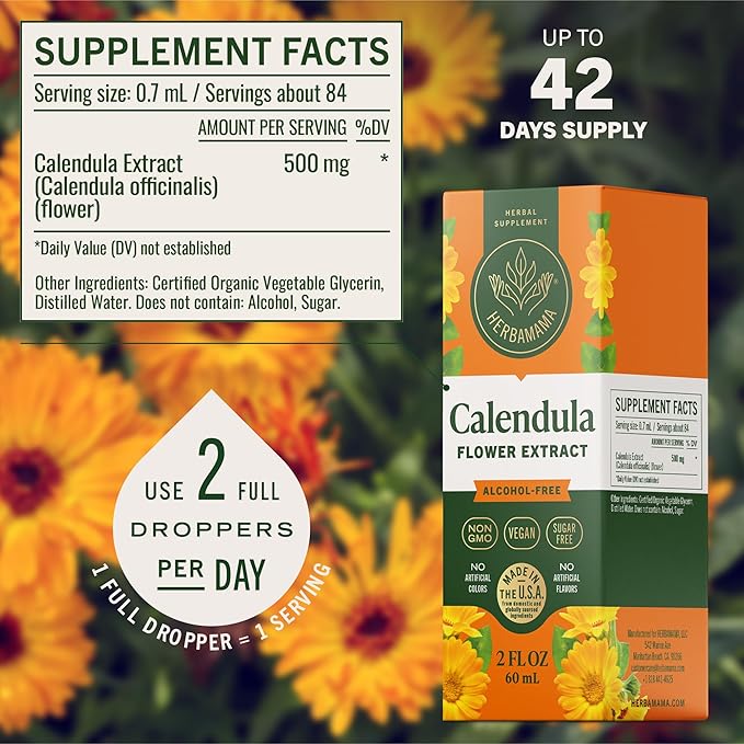 HERBAMAMA Calendula Tincture - Vegan Antioxidant & Detox Support with Calendula Extract Drops - Non-GMO, Alcohol & Sugar-Free Liquid Supplement, 42-Day Supply