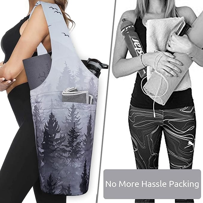 Fashion Printed Yoga Mat Bag with Large Side Pocket & Zipper Pocket Long Tote Yoga Bag Fit Most Size Mats - Holds More Yoga Accessories