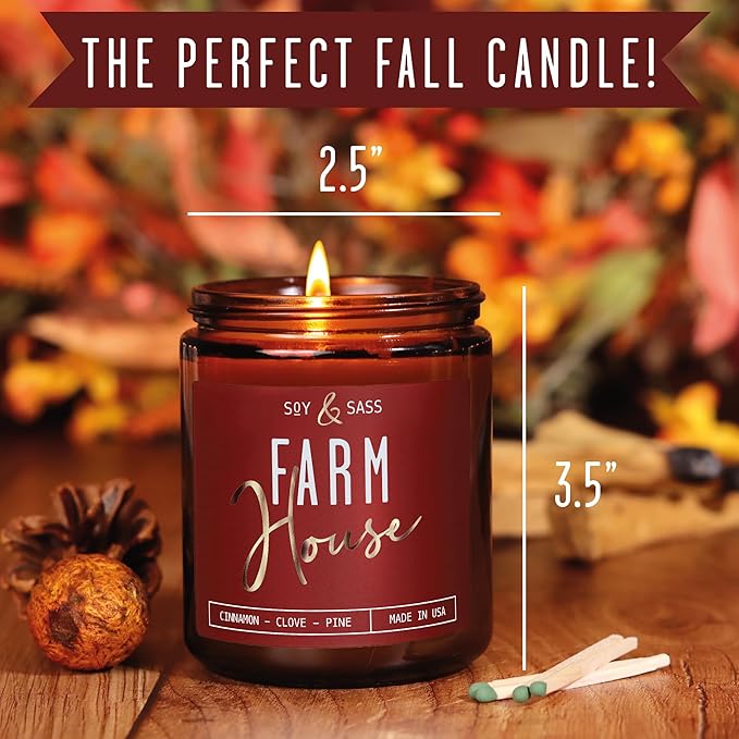Fall Candles - 'Farmhouse' Autumn Scented Soy Candles for Home, w/Cinnamon, Clove & Pine I Infused with Essential Oils I Farmhouse Décor, 9oz Reusable Jar, 50Hr Burn, Made in USA