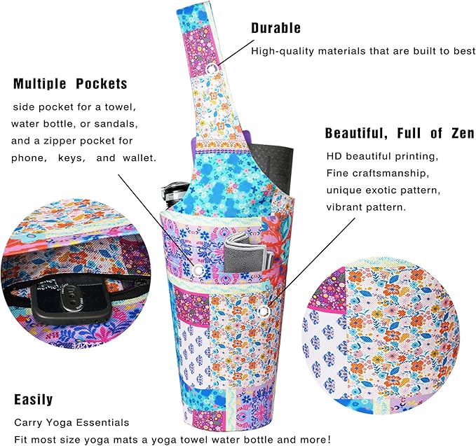 Fashion Printed Yoga Mat Bag with Large Side Pocket & Zipper Pocket Long Tote Yoga Bag Fit Most Size Mats - Holds More Yoga Accessories
