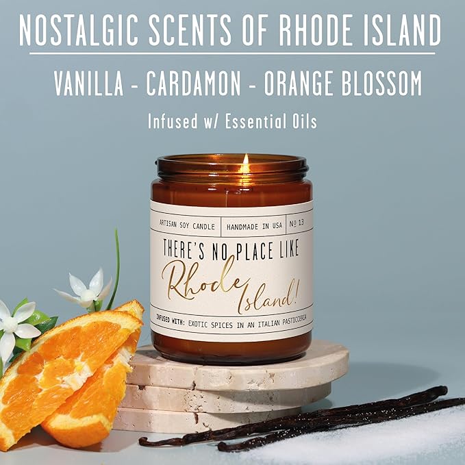 Rhode Island Gifts, Rhode Island Decor for Home - 'There's No Place Like Rhode Island Candle, w/Vanilla, Cardamon & Orange I Rhode Island Souvenirs State Gifts I 9oz Jar, 50Hr Burn, USA Made