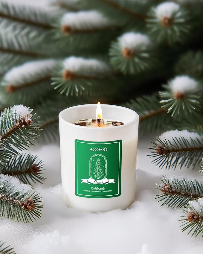 AOOVOO Christmas Candles Set for Women - 4 Pack Candles for Home Scented, Aromatherapy Candle with Crystals, 28 oz 200 Hour Long Lasting Candle, Winter Fragrance of Cedar, Fir, Hot Cocoa, Vanilla Cake