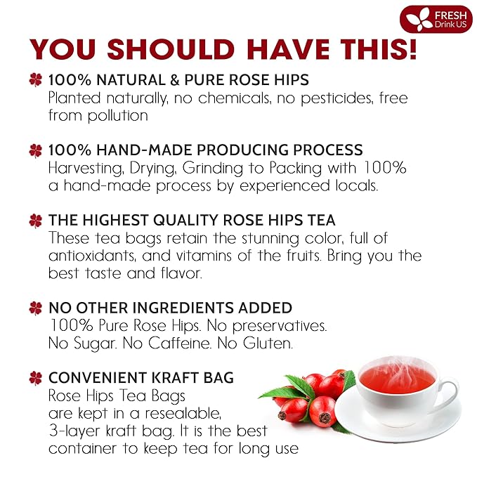 FreshDrinkUS, Premium 55 Rosehip Tea Bags, 100% Natural & Pure from Rose Hip Fruits. Loose Rosehip Herbal Tea. Made with Natural Material Tea Bags. No Sugar, No Caffeine, No Gluten, Vegan.