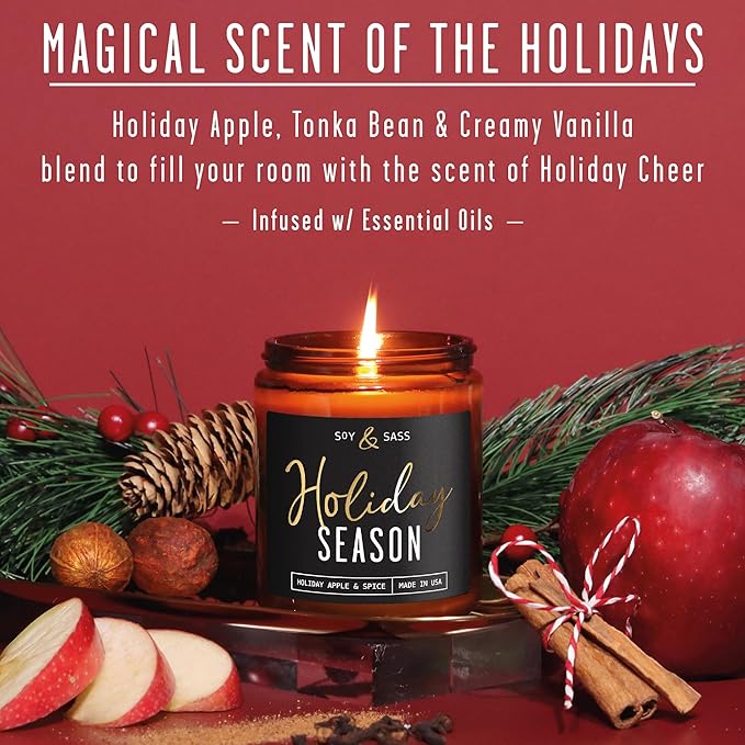 Holiday Candles, Christmas Candles Scented – ‘Holiday Season’ Soy Candle, w/Apple, Cinnamon & Clove - Infused with Essential Oils I Holiday Candle I 9oz, 50Hr, Made in USA