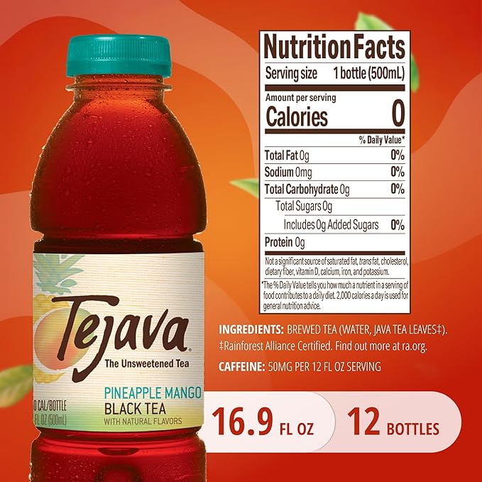 Tejava Pineapple Mango Black Iced Tea, 12 Pack, 16.9oz PET Bottles, Unsweetened, Non-GMO, Kosher, No Sugar or Sweeteners, No calories, No Preservatives, Brewed in Small Batches