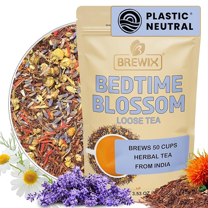 BREWIX, Bedtime Blossom Calming Tea For Sleep (50+ Cups) Herbal All Natural | Supports a Good Night’s Sleep | Night Time, Caffeine Free with Rooibos, Safflower, Chamomile and Lavender | Perfect for Bedtime | Relaxing Natural Nighty Night Sleeping Tea