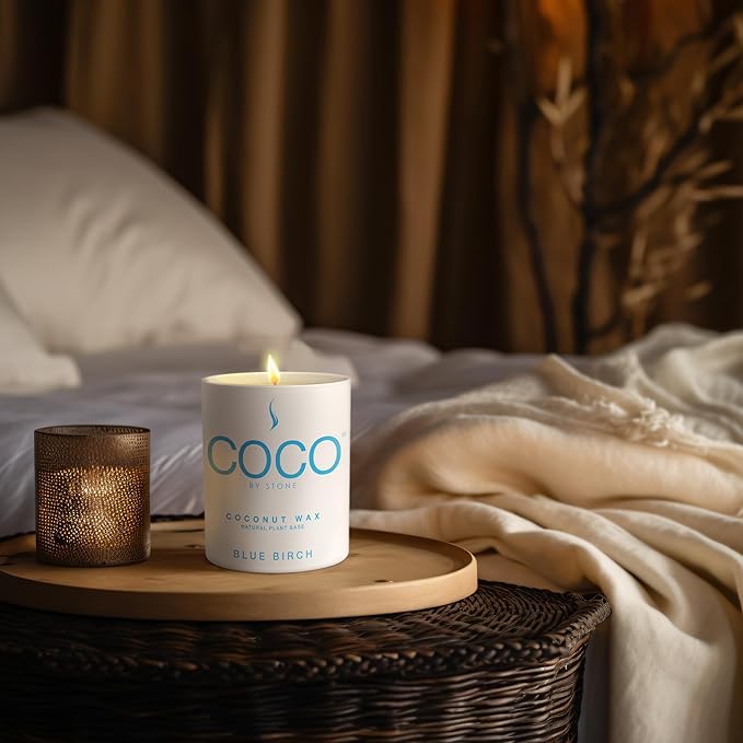 COCO by Stone 11oz Candle, Coconut Apricot Wax Candle for Home (Blue Birch) Home Fragrance Products, 1 Wick Candle, Enhance Indoor Aroma, Vegan & Cruelty-Free, Clean Burning and Hand Poured Candle
