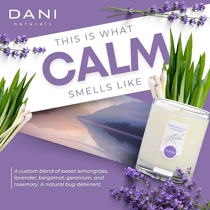 DANI Naturals Soy Candle - Lemongrass Lavender Scented, 100% Pure Soy Wax, Kosher, Non-Toxic, Long-Lasting Burn - 7.5 oz