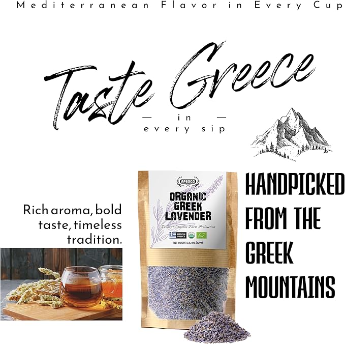 Apsogo Organic Greek Lavender – Premium Dried Flowers (3.52 oz), Organic Herbal Lavender Tea & Culinary Use, Whole Buds in Resealable Pouch