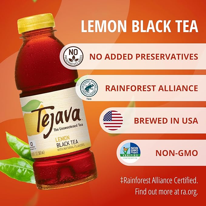 Tejava Lemon Black Iced Tea, 12 Pack, 16.9oz PET Bottles, Unsweetened, Non-GMO, Kosher, No Sugar or Sweeteners, No calories, No Preservatives, Brewed in Small Batches