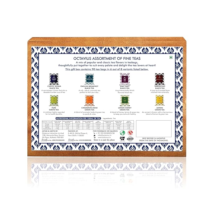 Octavius Gift's Select - Assorted Tea in Wooden Box | 6 Flavors, 90 Tea Bags | Black & Green | Gifts for Women & Men | Variety Pack