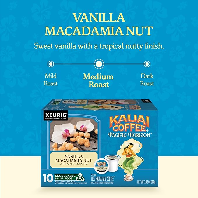 Kauai Coffee K-Cup Pods for Keurig Brewers – Arabica Coffee, 10% Hawaiian – Medium Roast, Vanilla Beans with Toasted Macabamia Nuts – Vanilla Macadamia Nut, 1 Pack of 10 Single Serve K-Cups