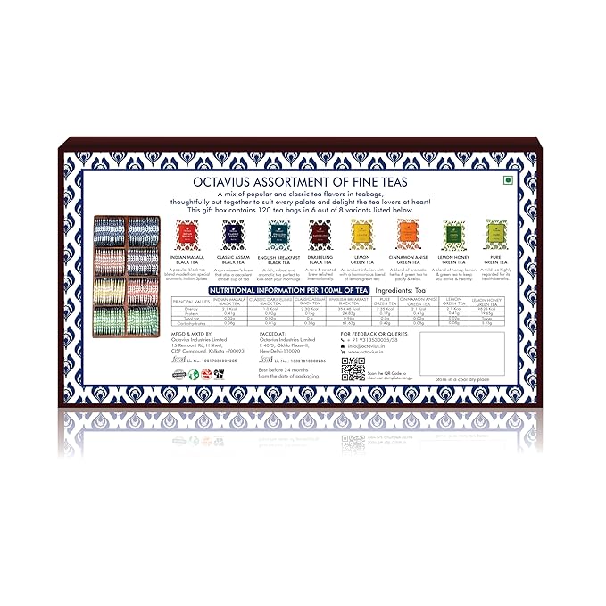 Octavius Gift's Select - Assorted Tea in Wooden Box | 6 Flavors, 120 Tea Bags | Black & Green | Tea Gifts for Women & Men | Pack of 1