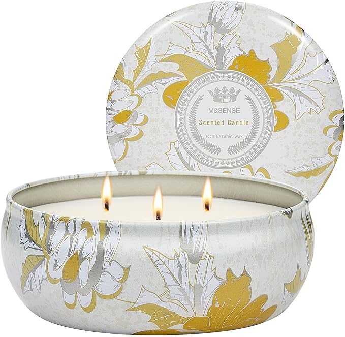 M&SENSE Sunkissed Citrus Scented Candles Large 3 Wick Soy Tin Candle, Over 40 Hour Burning Time, 100% Natural Vegan Wax Relaxing Aromatherapy Aesthetic Candle Gift for Women Men