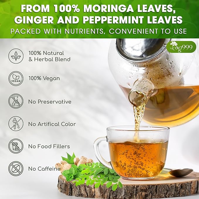 TOG999, Premium Moringa Ginger Peppermint Herbal Tea – 60 Tea Bags – Caffeine-Free, Plant-Based, Non-GMO, Naturally Refreshing Flavor, No Artificial Additives, No Sugar, No Gluten. Vegan