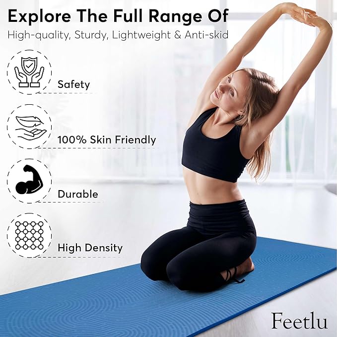 Feetlu Extra Thick 12mm Exercise Mat – Non-Slip, Joint-Friendly & Cushioned Fitness Mat for Yoga, Pilates & Floor Workouts – Durable, Supportive & Includes Feetlu Classic Strap