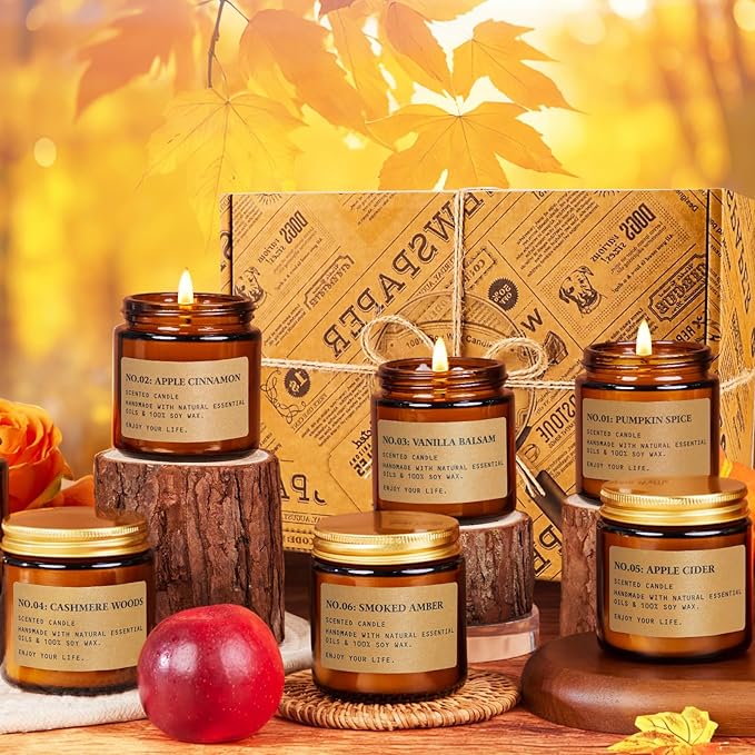 Fall Candles for Home Scented, 6 x 3.5 oz Soy Wax & 150 Hours Long Lasting Fall Winter Candles Sets, Gifts for Women Birthday Thanksgiving Day Merry Christmas | Apple Cinnamon Pumpkin Spice|
