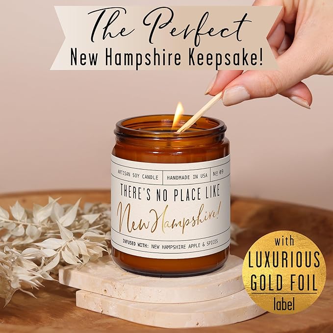 New Hampshire Gifts, New Hampshire Decor for Home - 'There's No Place Like New Hampshire Candle, w/McIntosh Apple & Spice I New Hampshire Souvenirs State Gifts I 9oz Jar, 50Hr Burn, USA Made