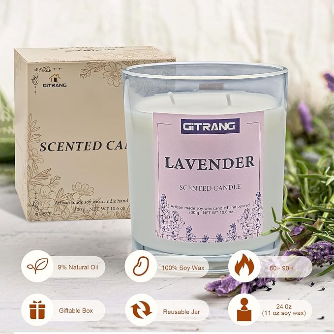 Lavender Scented Candle, 10.6 oz Soy Wax Candles for Home Aromatherapy, Relaxation Gifts for Women, Long Lasting Time (80-90 Hrs) for Bedroom Yoga Garden Patio Birthday Party,Set of 1