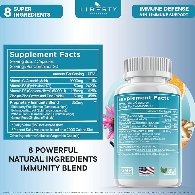 8 in 1 Immune Supplement with Echinacea, Vitamin C and Zinc 50mg, Vitamin D 5000 IU, Turmeric Curcumin & Ginger, B6, Elderberry, 60 Capsules