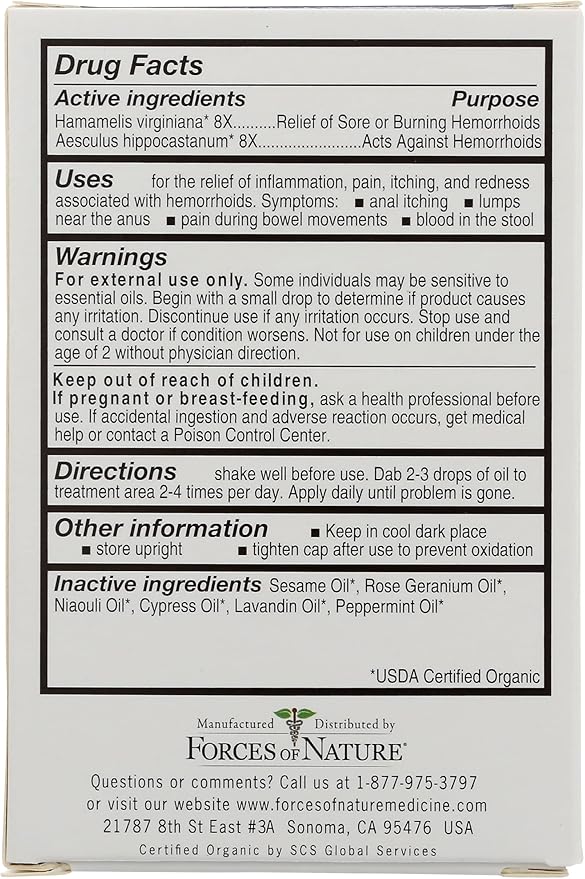 Forces of Nature Hemorrhoid Control Extra Strength, Organic Homeopathic Medicine with Witch Hazel, Horse Chestnut, and Soothing Essential Oils for Itching, Swelling & Discomfort, 5ml (0.17 fl oz)