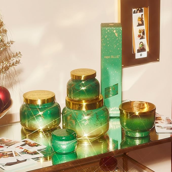 Capri Blue Crystal Pine Scented - Glimmer Inverted Jar Candles - Soy Candles - Holiday Candle with Emerald Green & Gold Ombre Glass Candle Holder (10 oz)