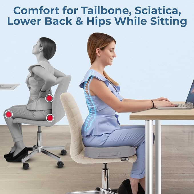 5 STARS UNITED Seat Cushion for Tailbone Pain Relief – Memory Foam Cushion for Coccyx, Hip, Hemorrhoid, Sciatica & Post-Surgery Recovery – Wheelchair, Car, Desk, Gaming & Office Chairs, L Gray
