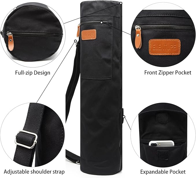 ELENTURE Canvas Yoga Mat Bag with Adjustable Strap & Pockets, Full-Zip Travel Gym Tote for Women & Men, Fits 1/4" & 1/3" Thick Mats, Lightweight Carrier for Yoga, Workout, Outdoor Use