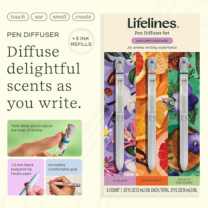 Lifelines Pen Diffuser Set, Nature's Escape 3-Pack – 1mm Black Ballpoint Pens with Scented Essential Oil Blends – Aromatherapy Diffuser & Sensory Immersion Diffuse Aroma As You Write
