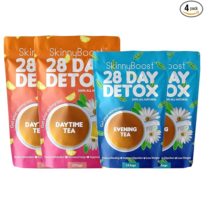 Skinny Boost Detox Tea Kit – 4 PACK - 2 Daytime Teas (56 Bags) 2- Evening Teas (28 Bags) – Herbal Detox for Weight, Metabolism, Energy, Bloating & Colon Cleanse – Green Tea, Vegan, Keto, Non-GMO, Sugar-Free