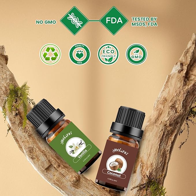 yethious Vanilla Coconut Essential Oil Set Coconut Oil Organic Vanilla Essential Oils for Soap Making, Diffuser, Skin Hair Care - 2 x 10ML