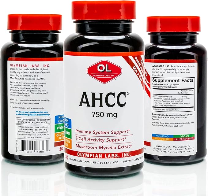 Olympian Labs Premium AHCC Supplement 750mg of AHCC per Capsule – Supports Immune Health, Liver Function, and Natural Killer Cell Activity- 30 Capsules