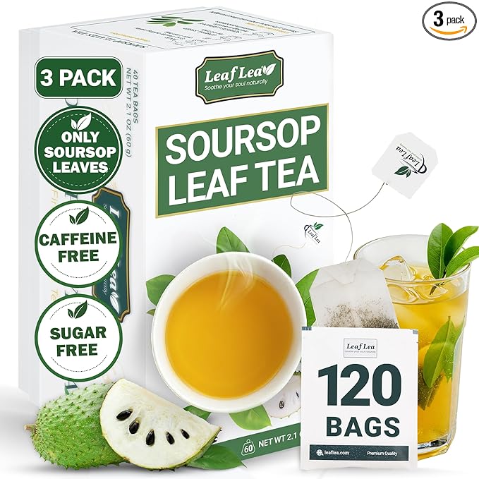 LeafLea 120 Soursop Tea Bags, from 100% Natural Pure Soursop Graviola Leaves, Improve Digestion, Support Healthy Skin & Sleep, Herbal Tea Caffeine-free, Hojas De Guanabana Tea, Non-GMO, Pack of 3