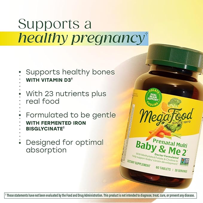 MegaFood Baby & Me 2 Prenatal Vitamin and Minerals - Vitamins for Women - with Folate (Folic Acid Natural Form), Choline, Iron, Iodine, and Vitamin C, Vitamin D and more - 120 Tabs (60 Servings)