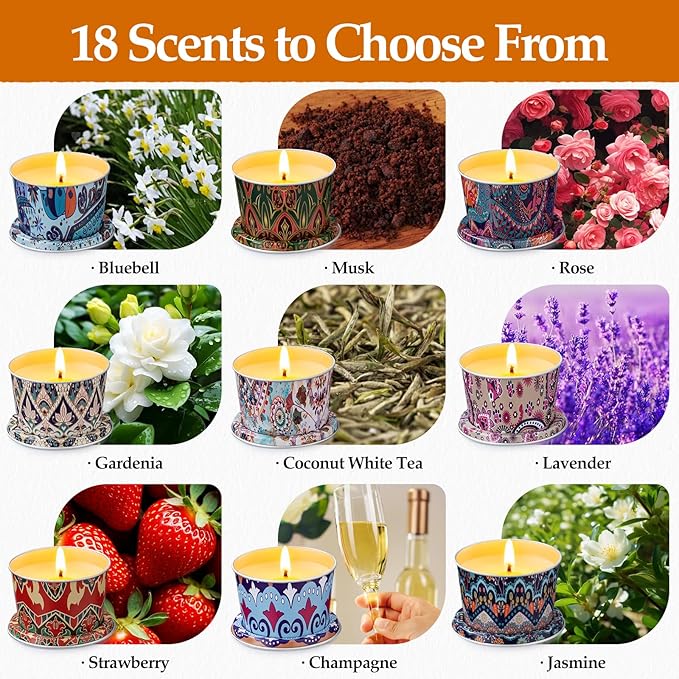 18 Pack Scented Candle Sets | Travel Aromatherapy Jar Candles | Small Soy Wax Candles with 10% Essential Oils |18 Scents Candles for Home and Travel | Gift Sets for New Year Women