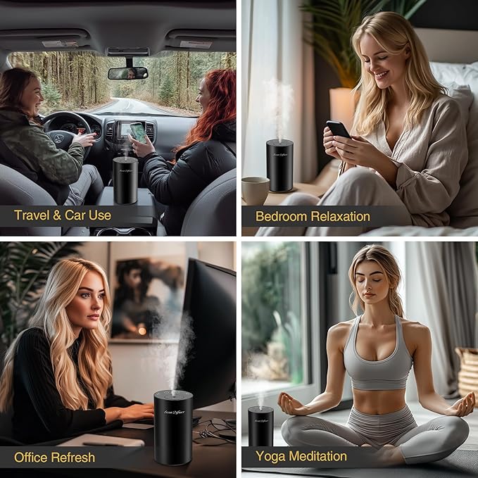Waterless Essential Oil Diffuser Starter Kit - No Water Needed, Battery Operated Mini Scent Air Machine, Included 3x20ML Essential Oils, Portable Aromatherapy Diffuser for Home & Car & Office, Black