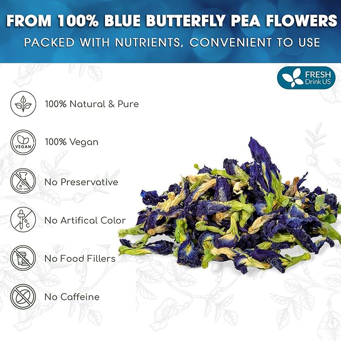 FreshDrinkUS, Premium 8oz Blue Butterfly Pea Flowers Dried – Premium Whole Flower Herbal Tea – Vibrant Blue Natural Color – Caffeine-Free Loose Flower Tea. Vegan