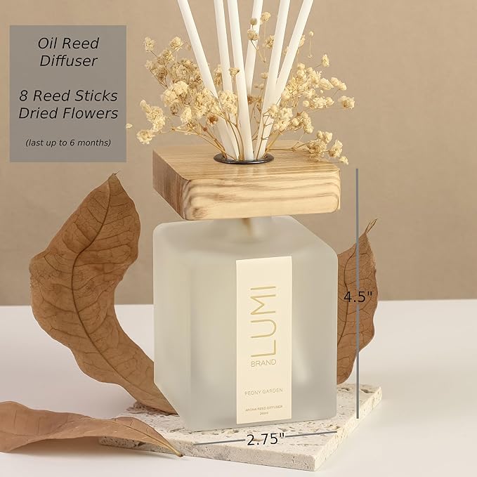 Luxury Aroma Gift Set | Peony Garden - Reed Diffuser (200ml), Wood Wick Soy Candle (200g), Room Spray (50ml) | Includes Dried Flowers & 8 Reeds | Luxurious Home Fragrance for Home Décor & Gifts