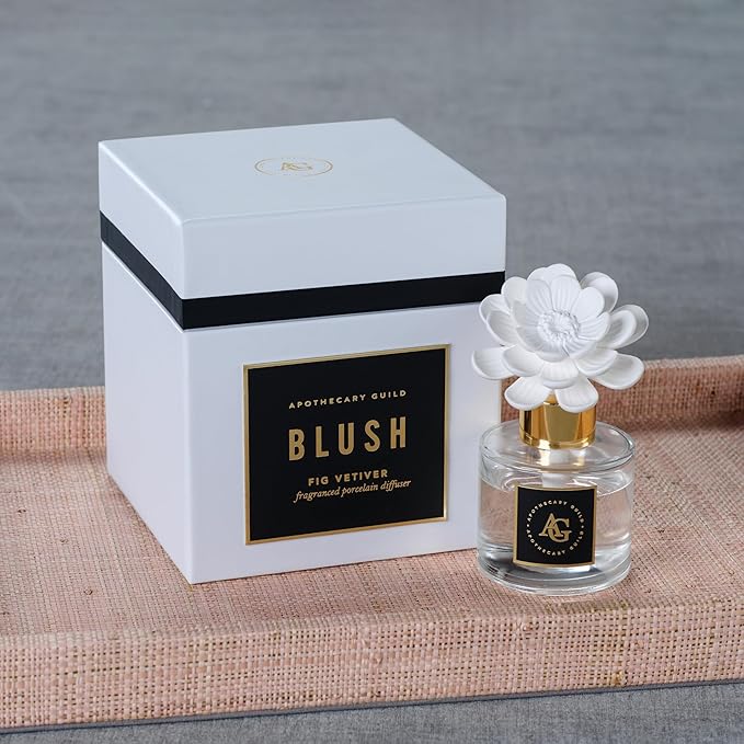 Zodax Apothecary Guild Blush Porcelain Oil Diffuser - Home Fragrance Diffuser Ideal for Living Room, Bathroom, Office - Makes a Great Gift - Porcelain Flower Design - Fig Vetiver - 1.69 Oz.