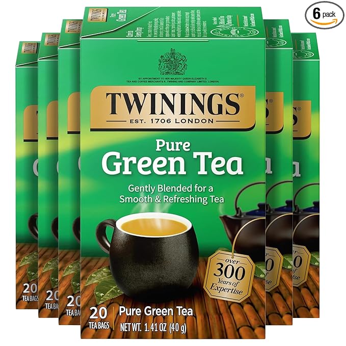 Twinings Pure Green Tea Individually Wrapped Bags, 20 Count (Pack of 6), Smooth Flavour, Enticing Aroma, Caffeinated, Enjoy Hot or Iced, 120 Teabags