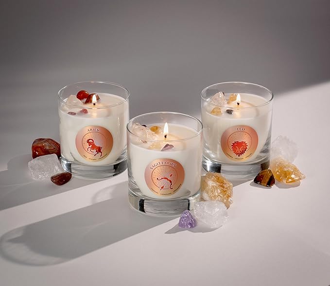 Luxury Glass Jar Candle, Aries Zodiac Sign, 8.8 oz - Crystal Infused - Scents of Citrus, Basil, Mint, & Agave - Made in USA, Hand Poured, Coconut-Soy Wax, Essential Oils, Dr. Developed