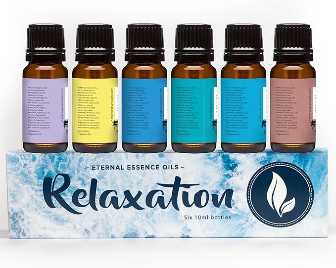 Eternal Essence Oils Relaxation Set of 6 Premium Fragrance Oils - Includes Lavender Chamomile, Ylang Ylang, Mountain Rain, Ocean Breeze, Eucalyptus, and Sandalwood Scented Oils - 10ML
