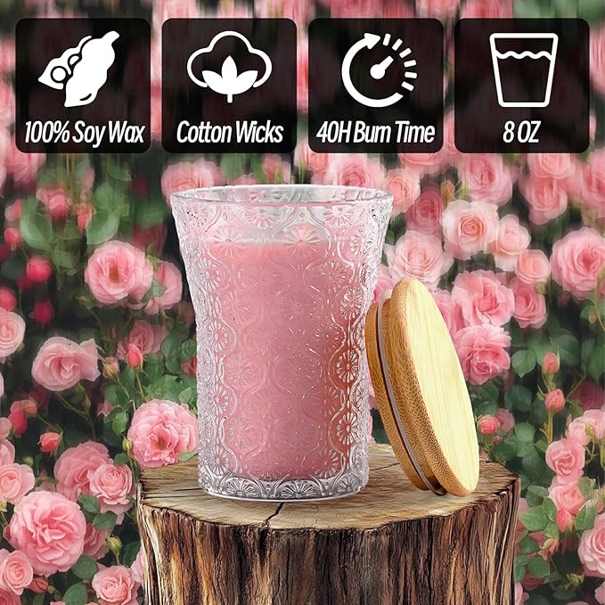 Rose Scented Candle, Soy Jar Candles Gift for Women,8 OZ Aromatherapy Pink Candles for Galentines Valentines Mother's Day, Home Decor